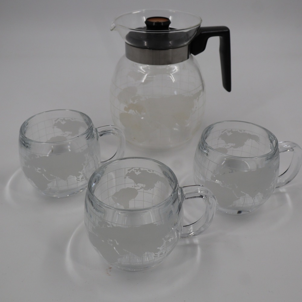 Nestle Vintage Globe Coffee Carafe‎ 3 Mugs Set Clear Frosted World Map Etched